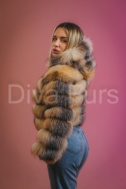 Braon šarena bunda sa kapuljačom