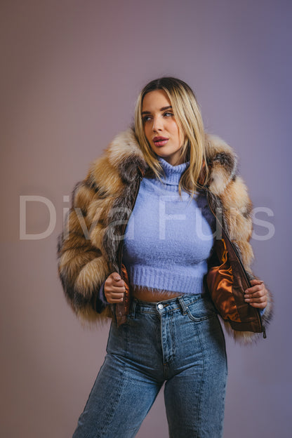 Braon šarena bunda sa kapuljačom